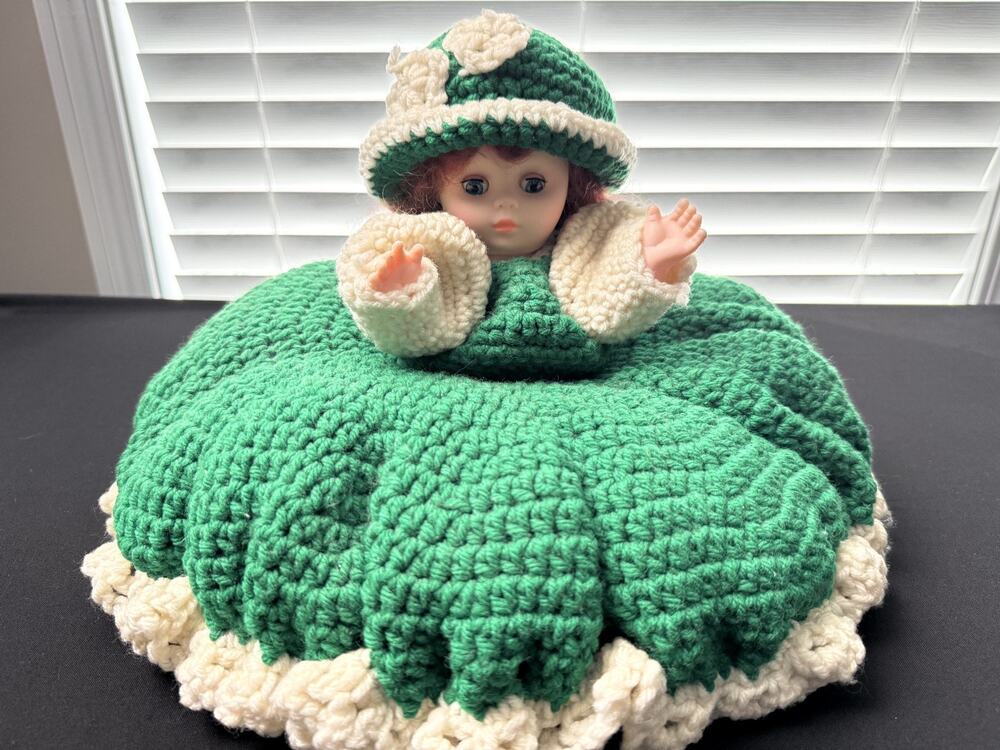 Vtg Crochet Bed Doll Green White Handmade Boudoir Pillow Doll Red Hair Kitsch